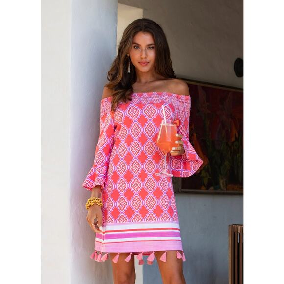 Cabana Life Dresses & Skirts - Cabana Life Coral Geo Off Shoulder Coverlux Smocked Mini Dress Pink Womens S NWT